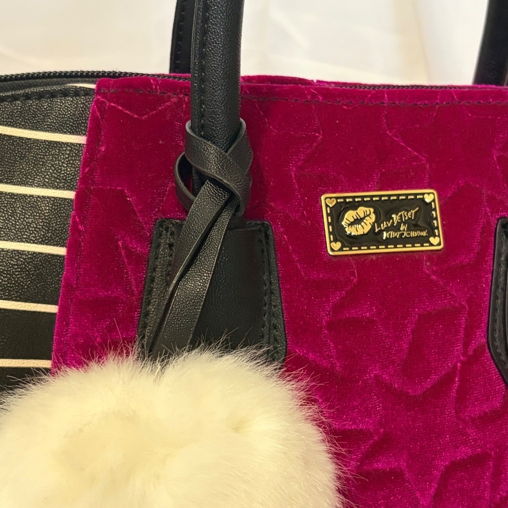NWT Luv Betsey by Betsey Johnson Striped Star Velvet Purse with white fluff ball - Picture 5 of 13